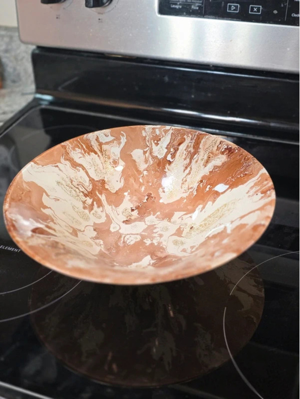 Handcrafted Ceramic Serving Bowl with Brown and Cream Marbled Design